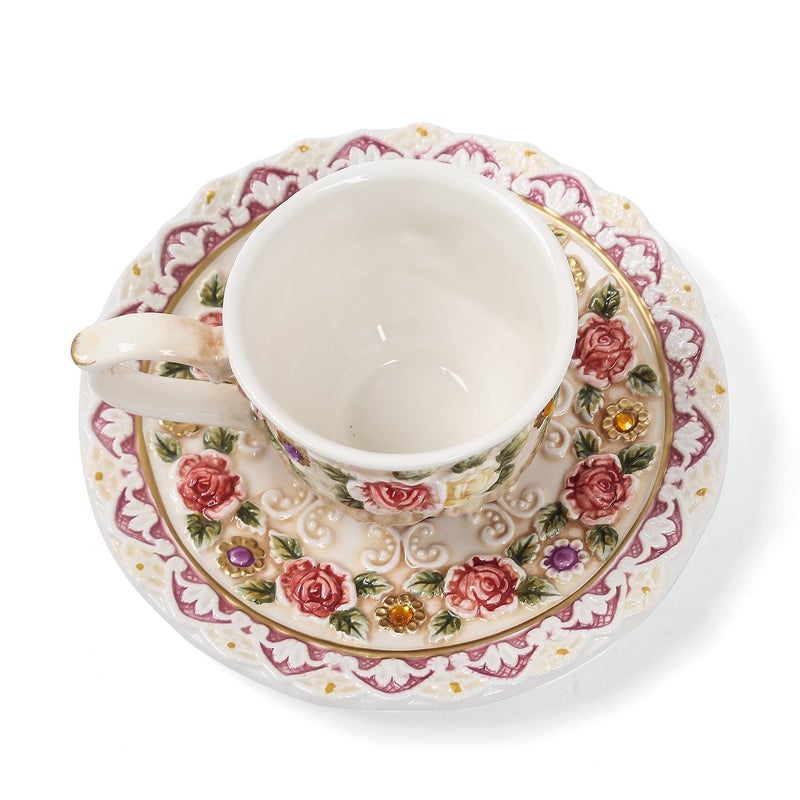 FORLONG Ceramic Coffee Mug and Saucer Set for Women, Vitorian Hand-painted Rose Flower Tea Cup - 3oz(Red) - Image 5